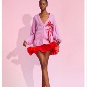 CYNTHIA ROWLEY Intarsia Palm Tree Pink Cardigan Mohair Blend size Large